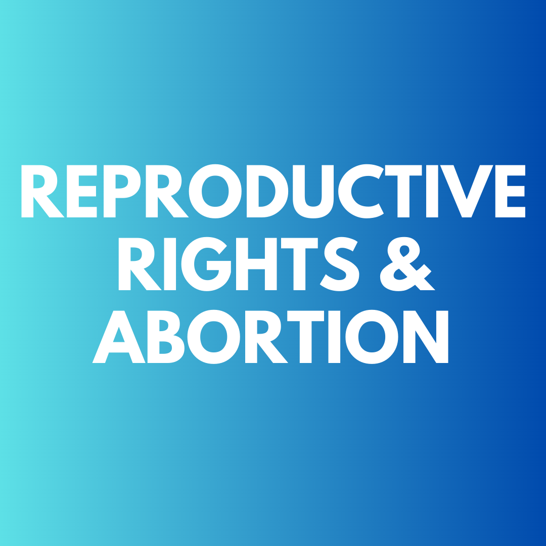 A blue background with white text that says reproductive rights and abortion.