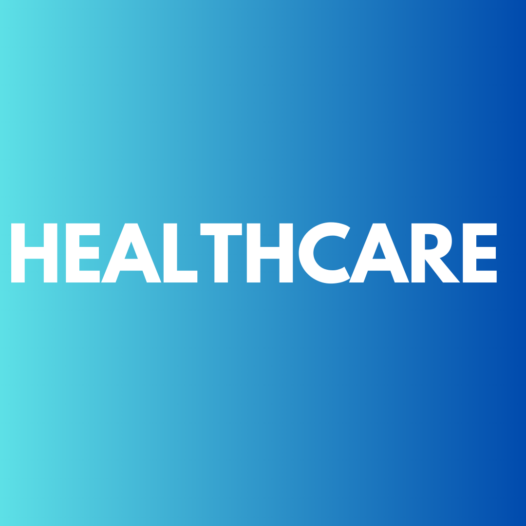 The word healthcare is on a blue background.