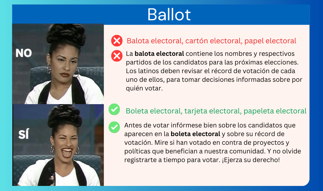 A woman is sitting in front of a sign that says ballot.