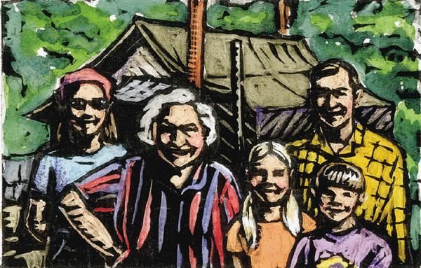 A painting of a family posing for a picture in front of a house