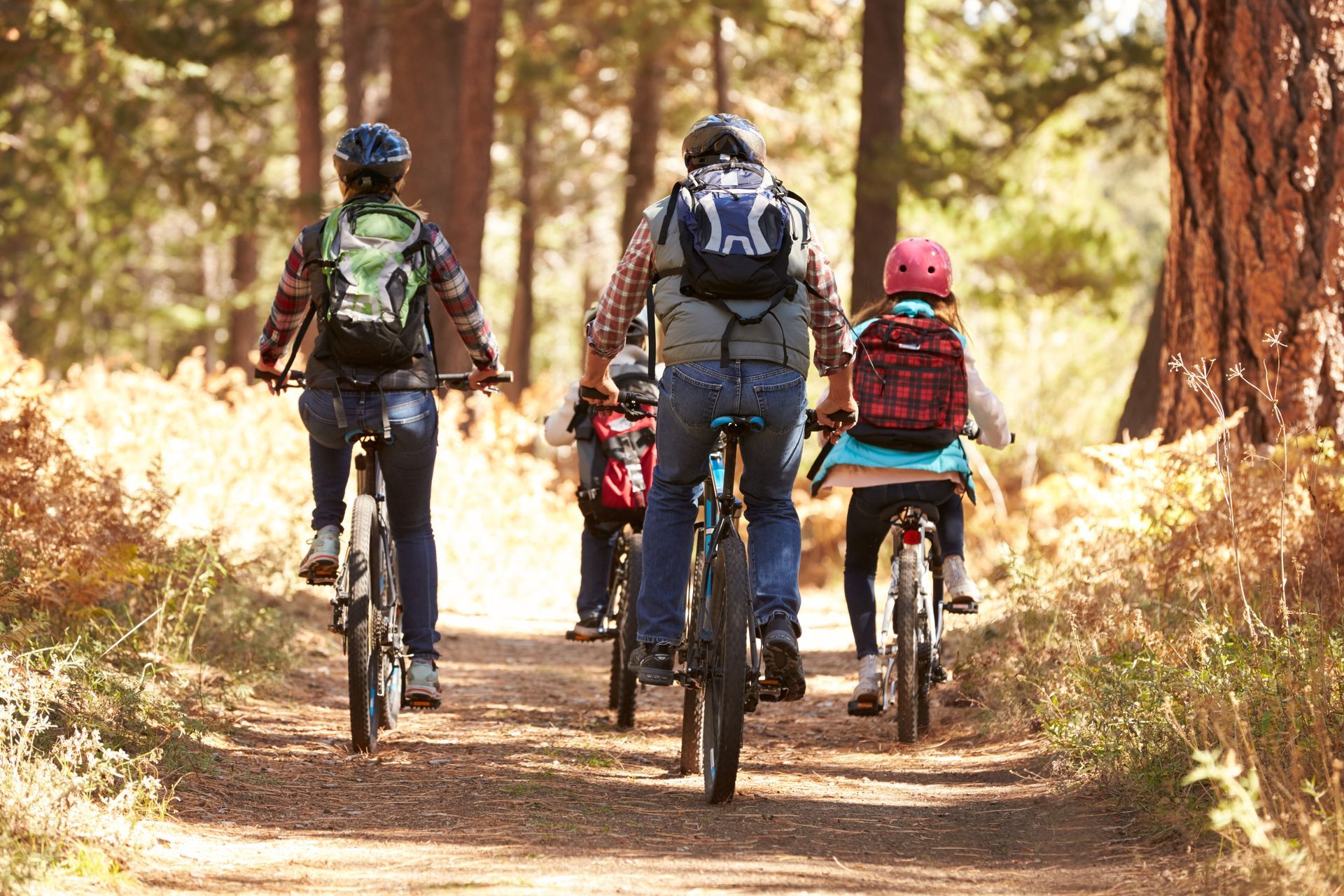 Family of four bikes on a dirt path in a forest, wearing helmets and backpacks.