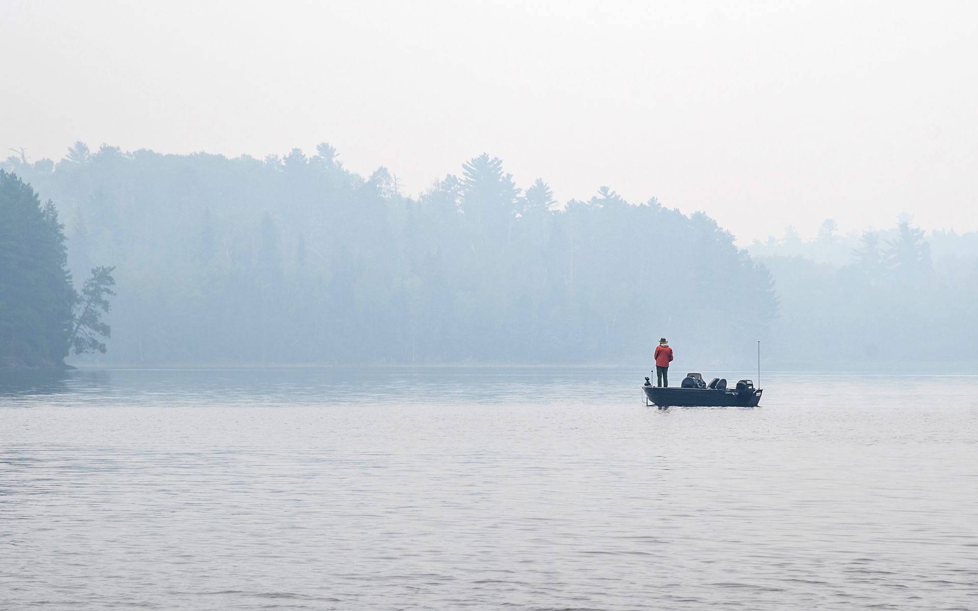 Person in a fishing boat on a misty lake; forest in the background.