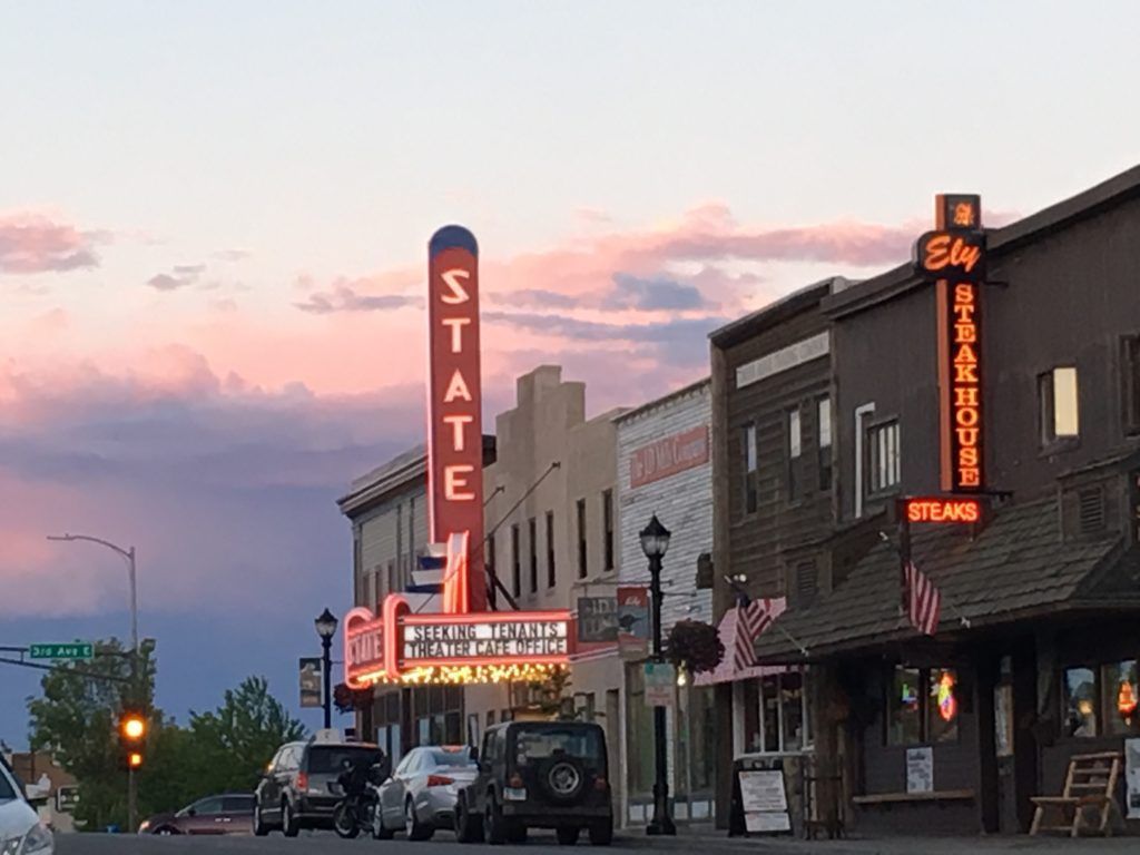 A row of buildings with a sign that says state on it