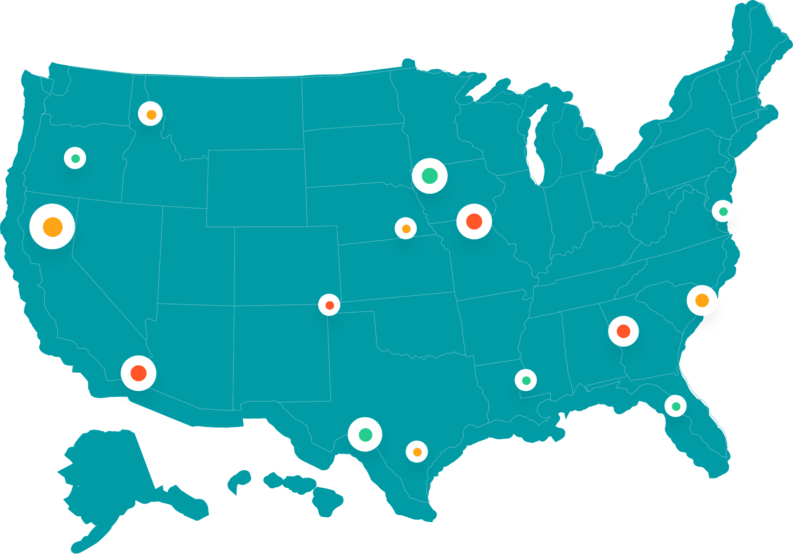 A map of the united states with circles on it