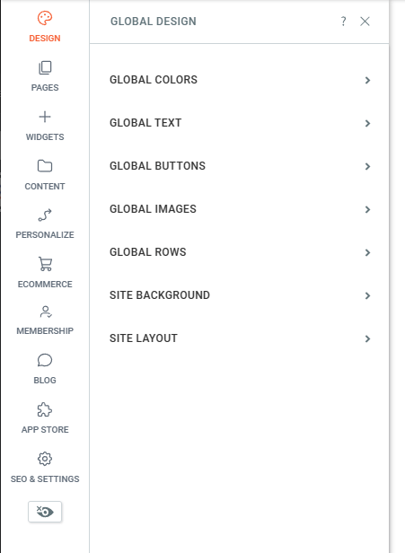 A screenshot of the global design page of a website.