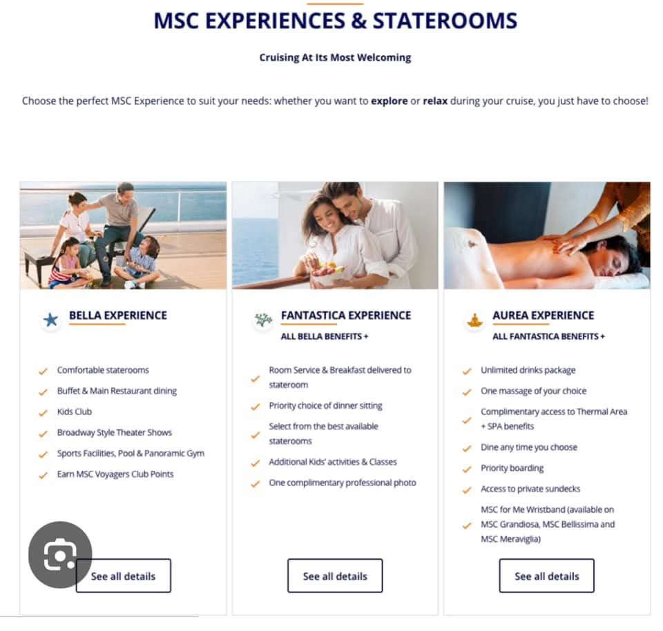 A screenshot of the msc experiences and staterooms website.