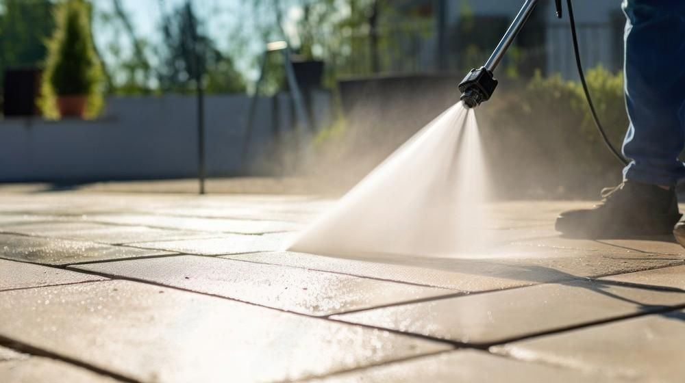 A person is using a high pressure washer to clean a patio.