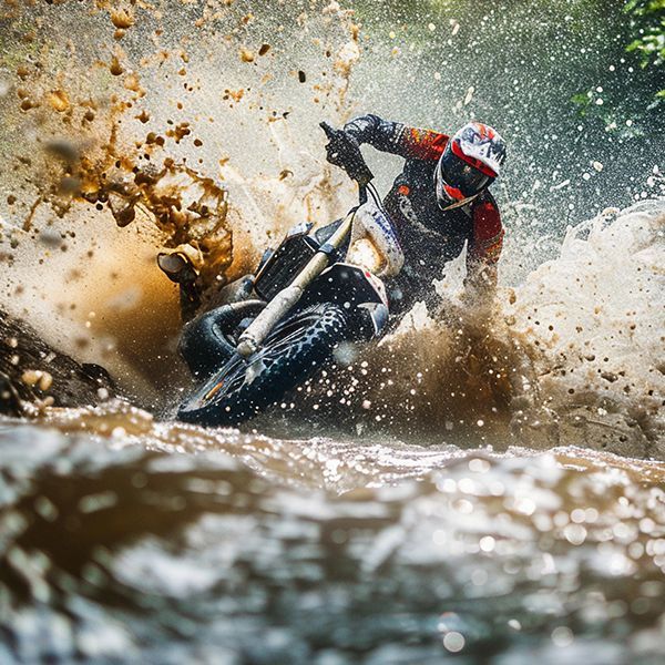 A man is riding a dirt bike through a muddy river.