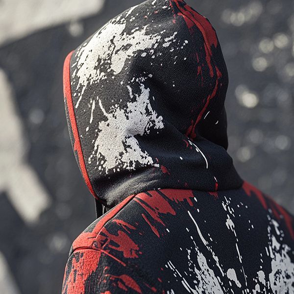 A person wearing a black and red hoodie with white spots on it