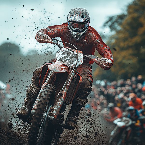 A man is riding a dirt bike through a muddy field.