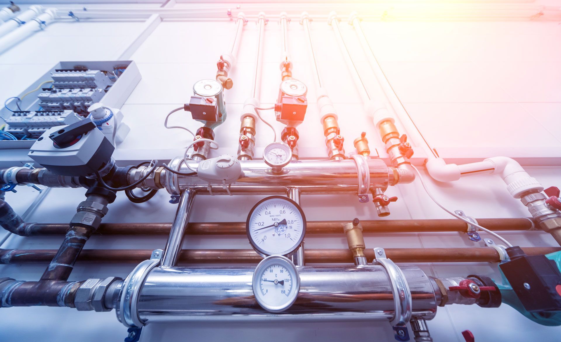 Industrial pipeline system with gauges and red valve handles in a bright mechanical room