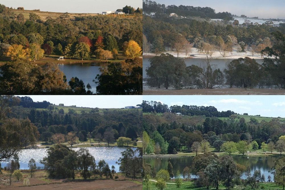 Four Pictures of a Lake With Trees in the Background — Lakeview Luxury Retreat in Canobolas, NSW