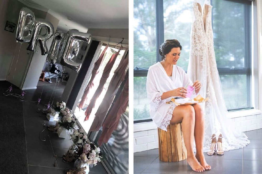 A Bride is Sitting on a Wooden Stump Next to Her Wedding Dress — Lakeview Luxury Retreat in Canobolas, NSW