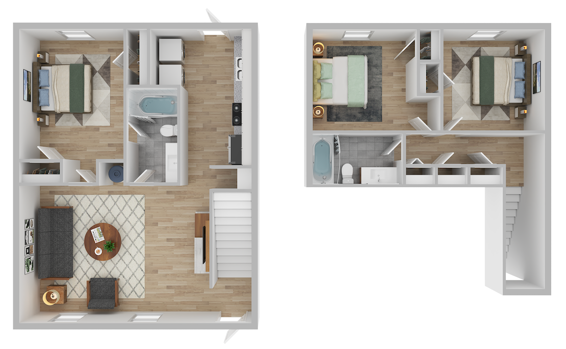 Two-level apartment floor plan showing a living area, kitchen, and bathroom on the first floor and two bedrooms upstairs.