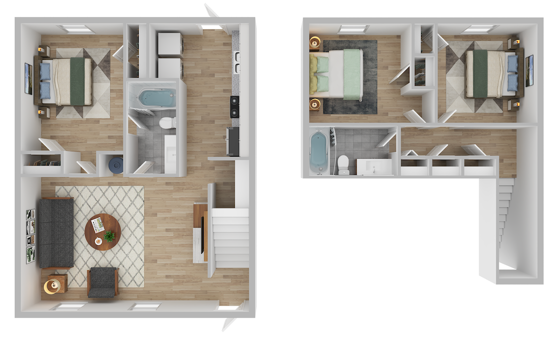 A floor plan of a two-story apartment, showing a living area, kitchen, and bathroom on the ground floor and bedrooms above.