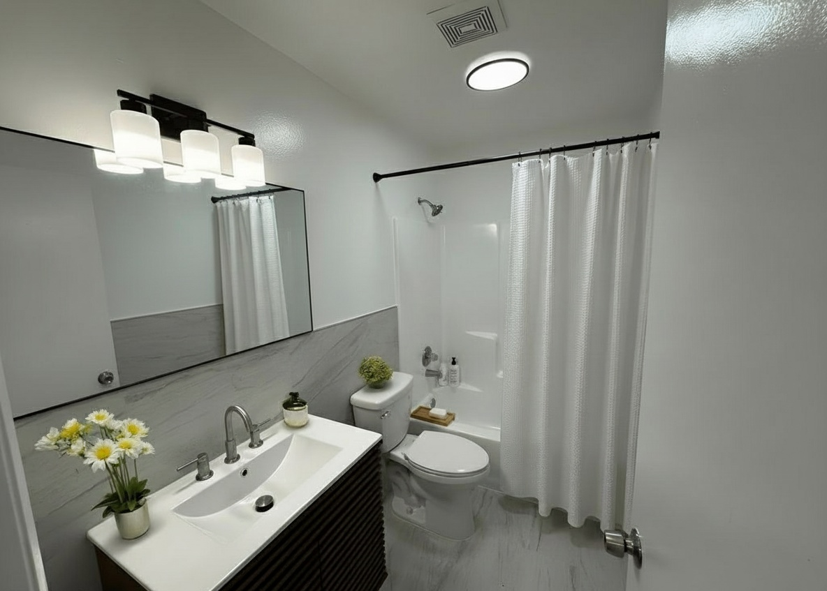 A modern bathroom with a white shower curtain, sink, and toilet. Black accents, white walls, and a large mirror.