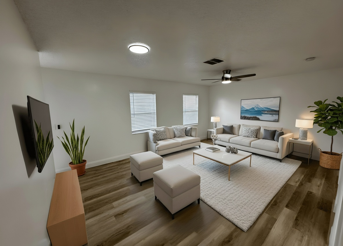 Living room with white walls, seating, and a rug on wooden floors.