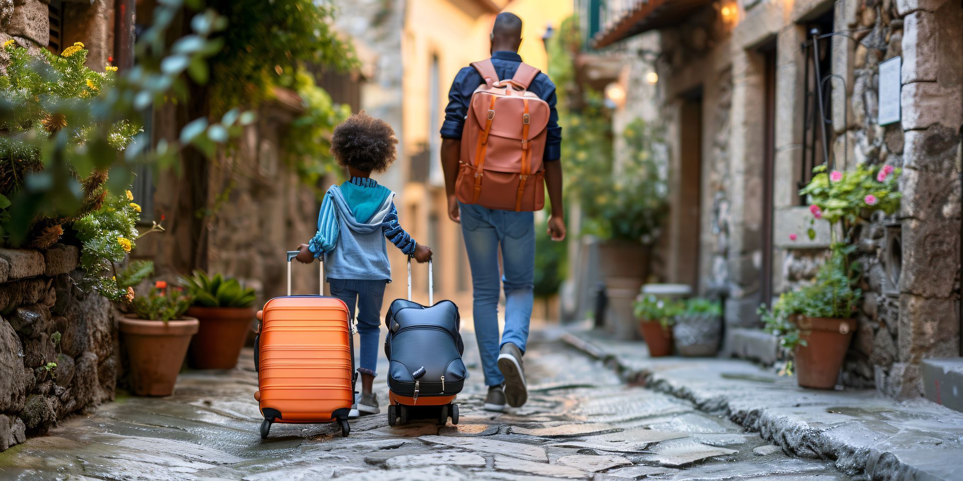 Une personne portant un sac à dos marche avec un enfant qui tire une valise dans une rue pavée.