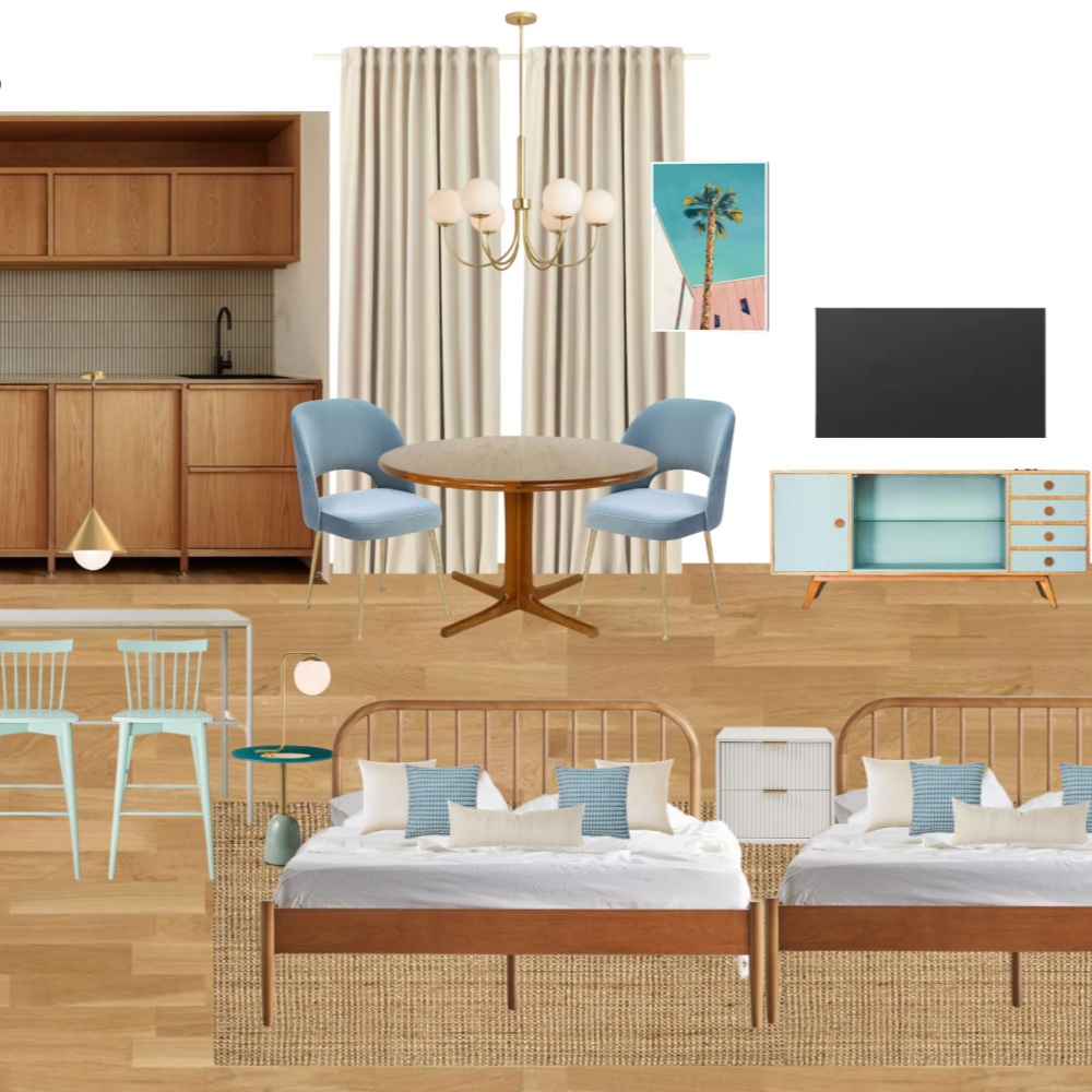 A living room with two beds a table and chairs