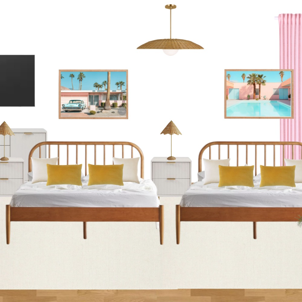 A bedroom with two beds and two pictures on the wall