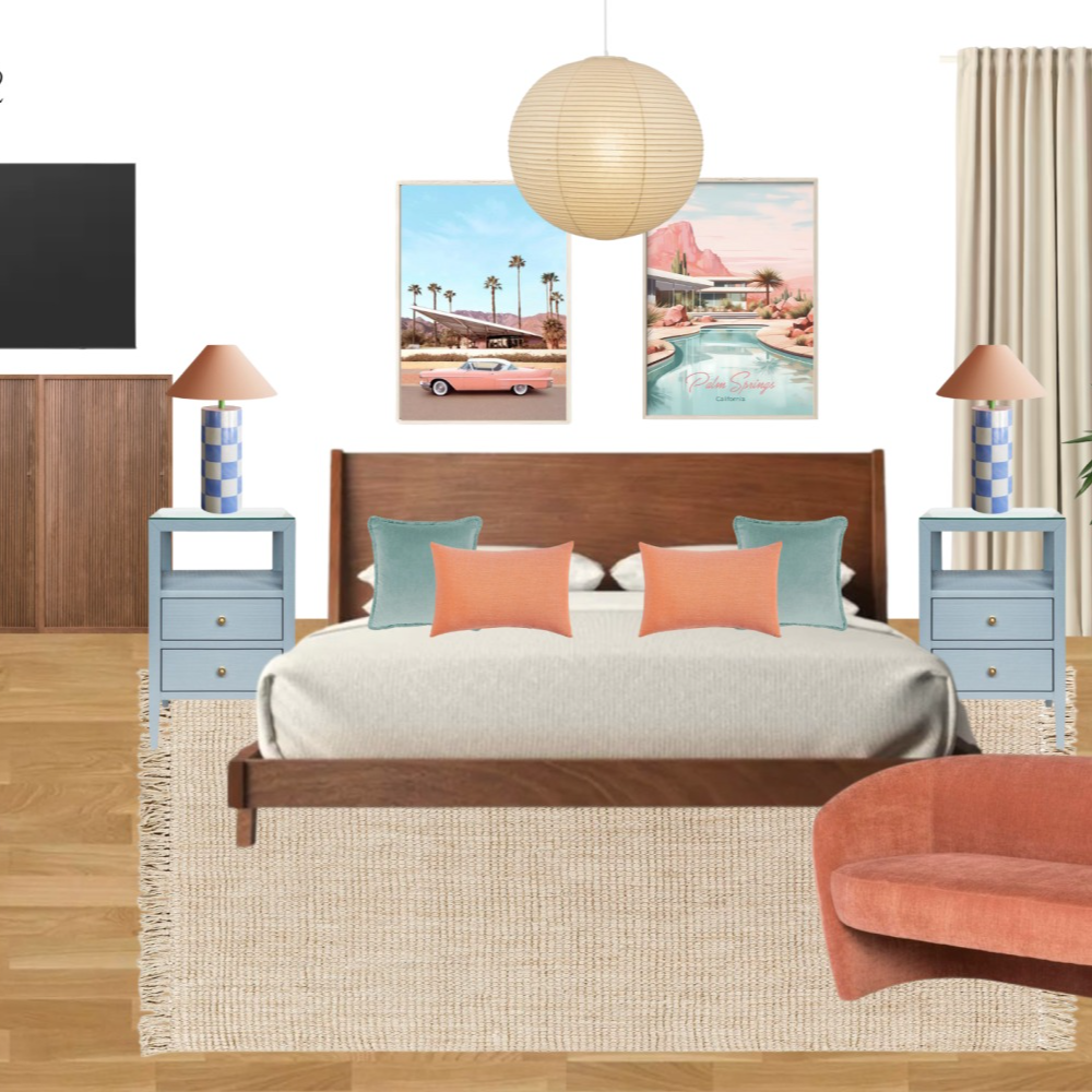 A bedroom with a large bed and two nightstands