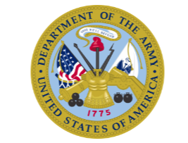 United States Army seal: gold emblem with flag, cannon, and inscription 