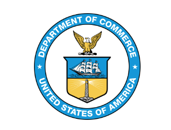 Department of Commerce seal with eagle, ship, and lighthouse, surrounded by blue text on white.