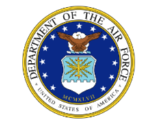 Department of the Air Force emblem: Eagle over a blue shield, surrounded by stars and text on a gold border.