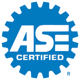 A blue and white logo that says ase certified