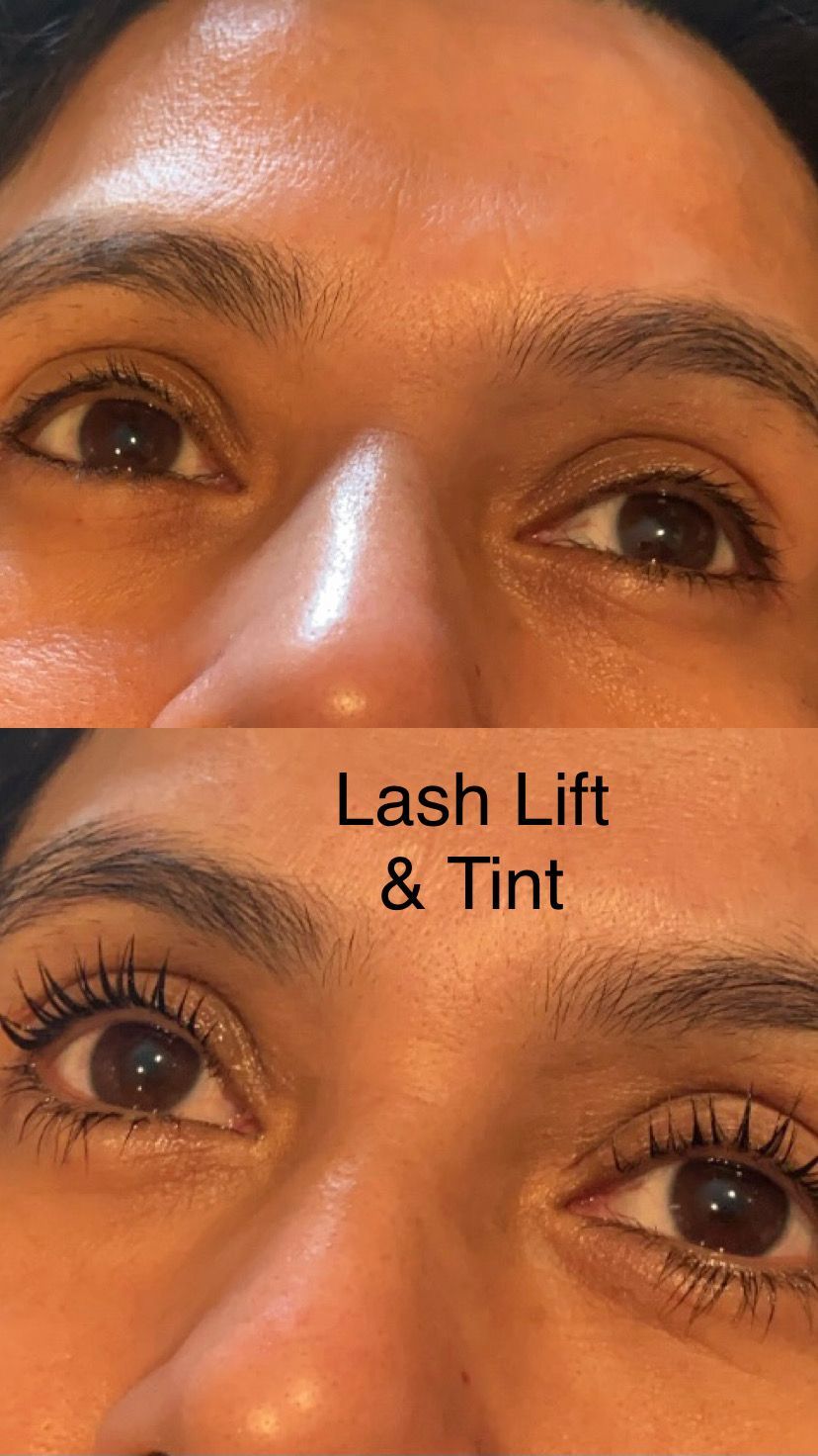 A woman 's eyes before and after a lash lift and tint.