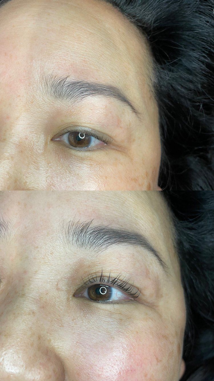 A before and after picture of a woman 's eyebrows.