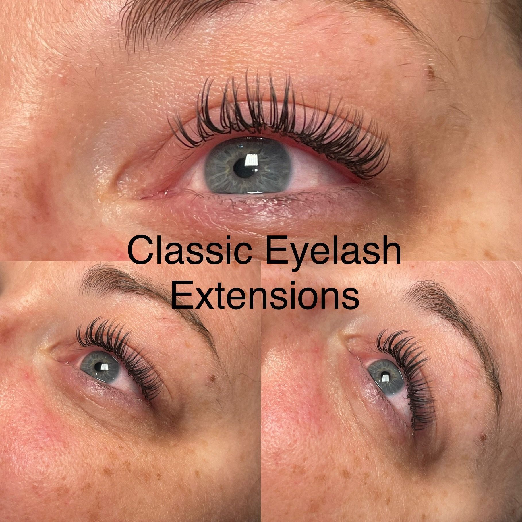 A close up of a woman 's eye with classic eyelash extensions