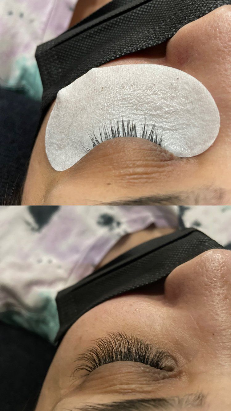 A before and after photo of a woman 's eyelashes.