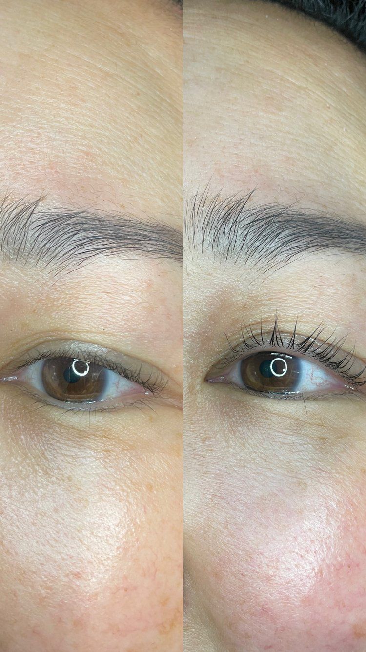 A before and after picture of a woman 's eyebrows and eyelashes.