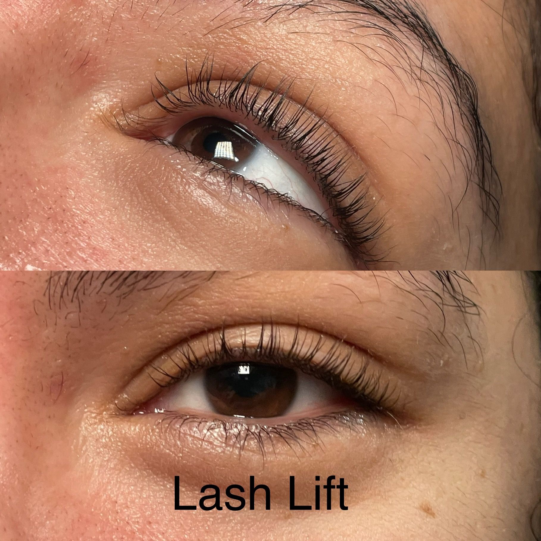 A woman 's eye is shown before and after a lash lift