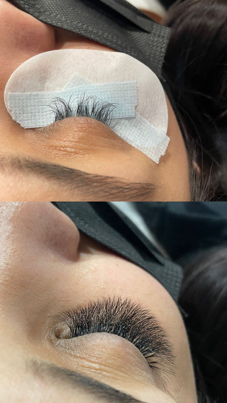 A before and after photo of a woman getting eyelash extensions.