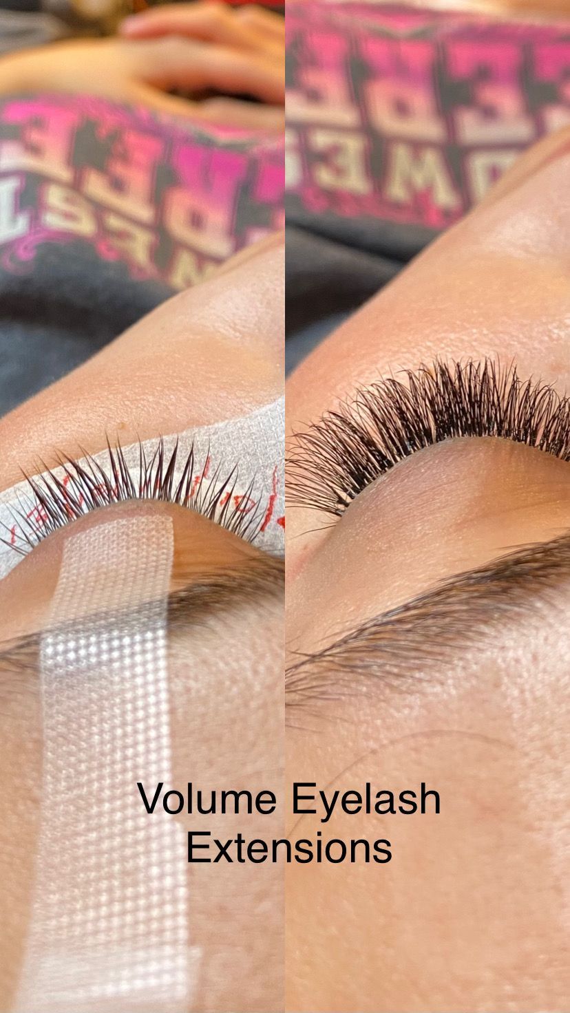 A before and after photo of a woman 's eyelash extensions.