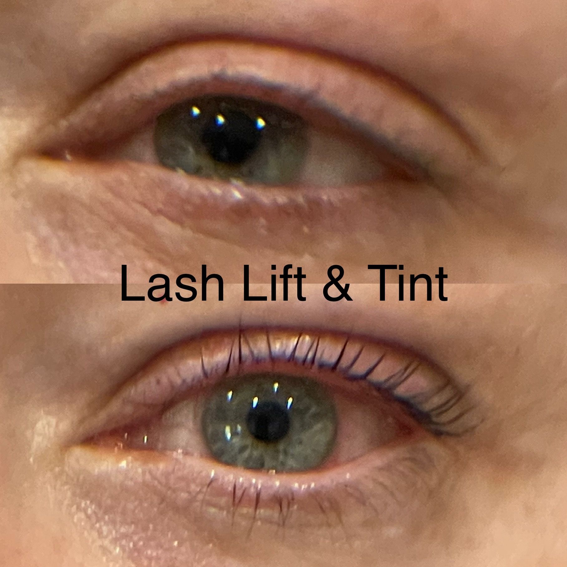 A woman 's eyes before and after a lash lift and tint
