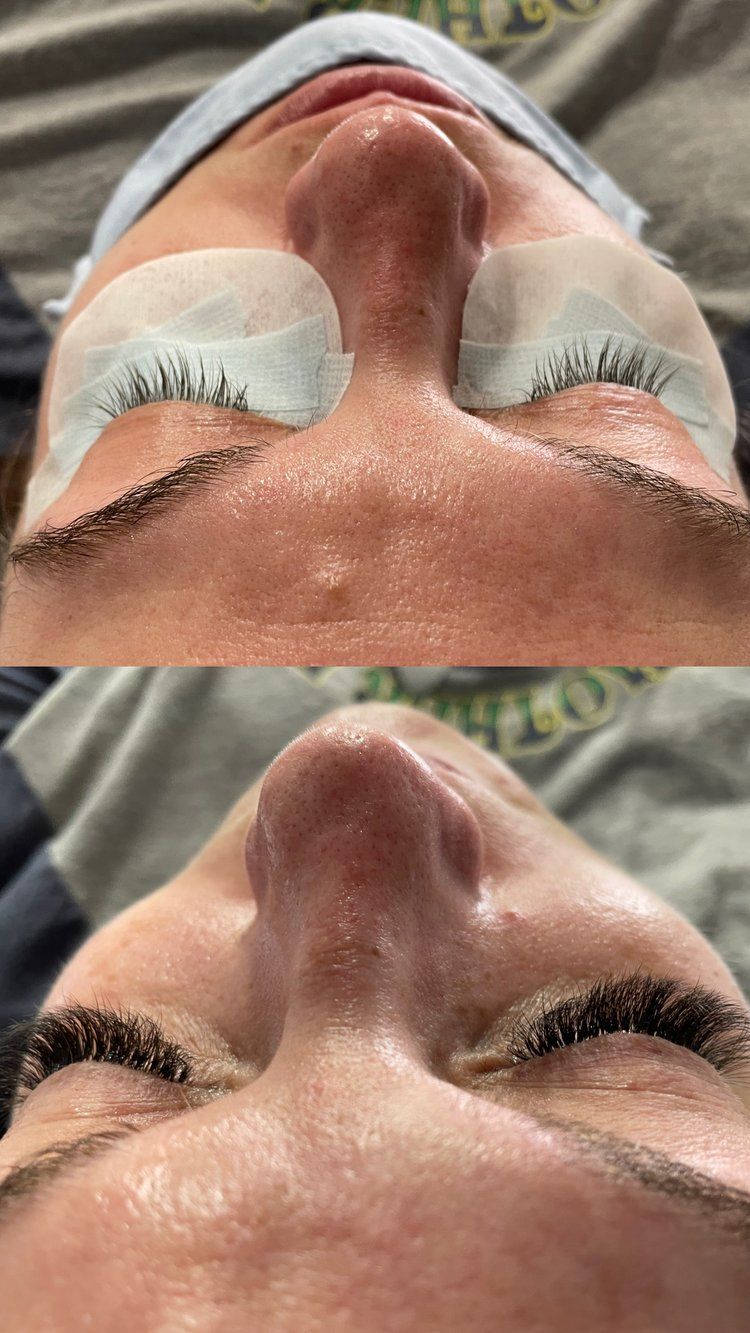 A before and after picture of a woman 's face with eyelash extensions.