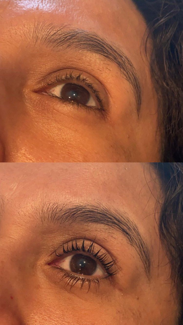 A before and after picture of a woman 's eye with and without mascara.