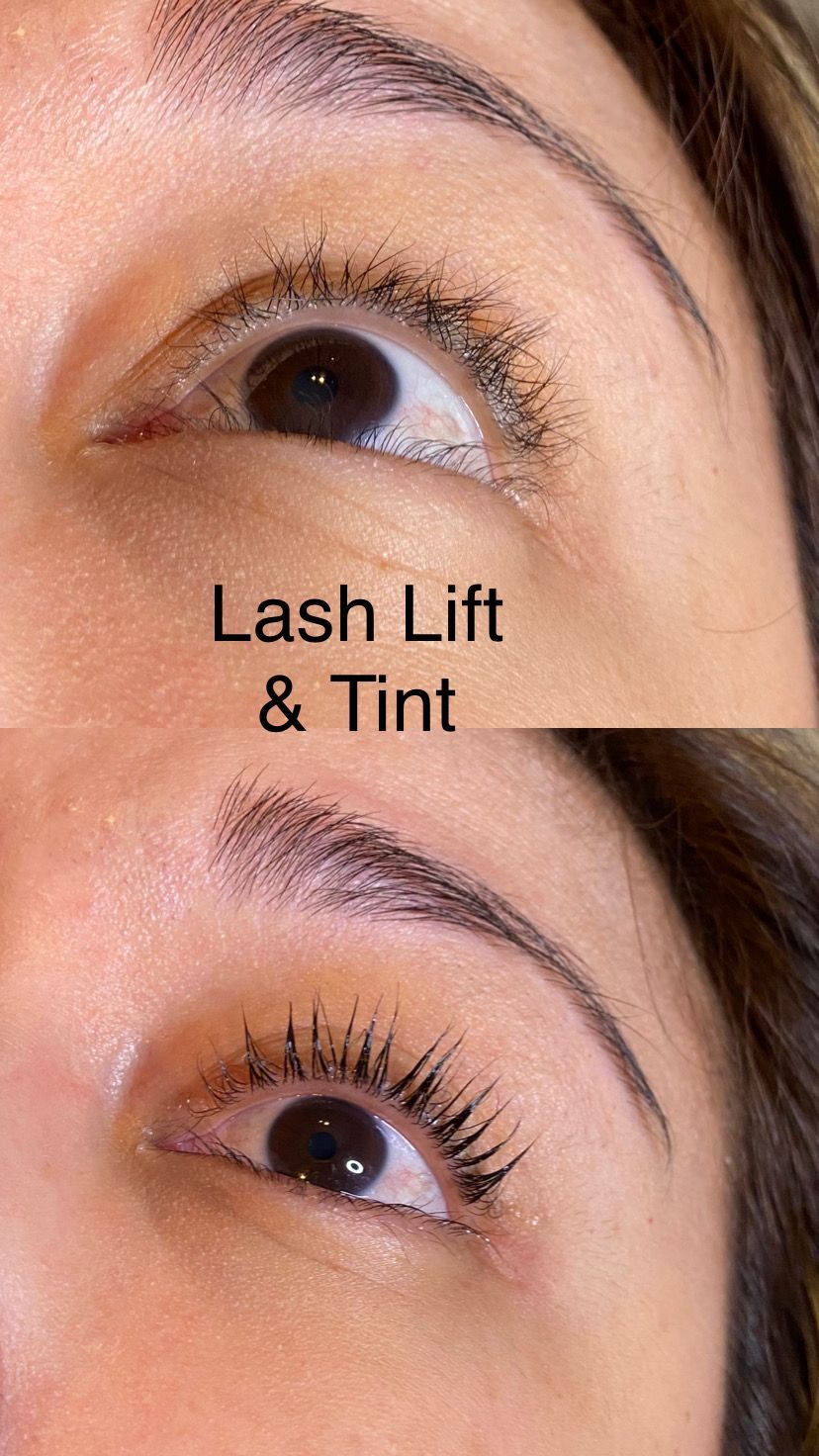 A before and after photo of a woman 's eye with lash lift and tint.
