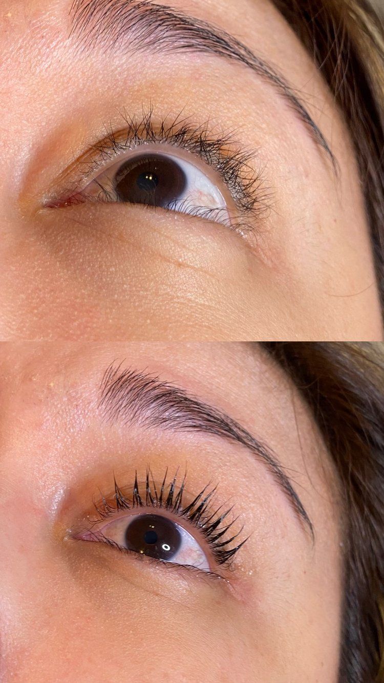 A before and after photo of a woman 's eye with mascara.