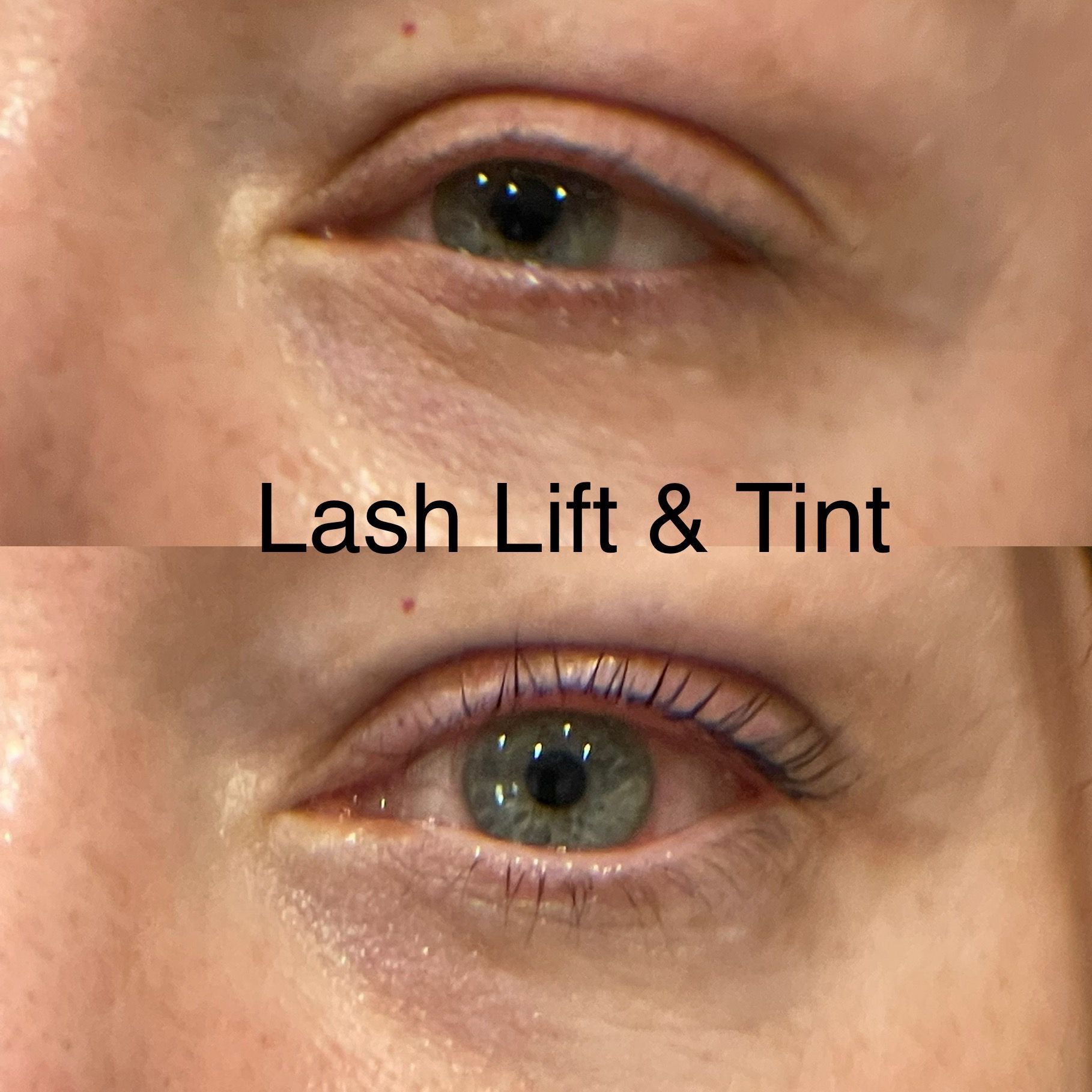 A before and after photo of a woman 's eye with lash lift and tint.