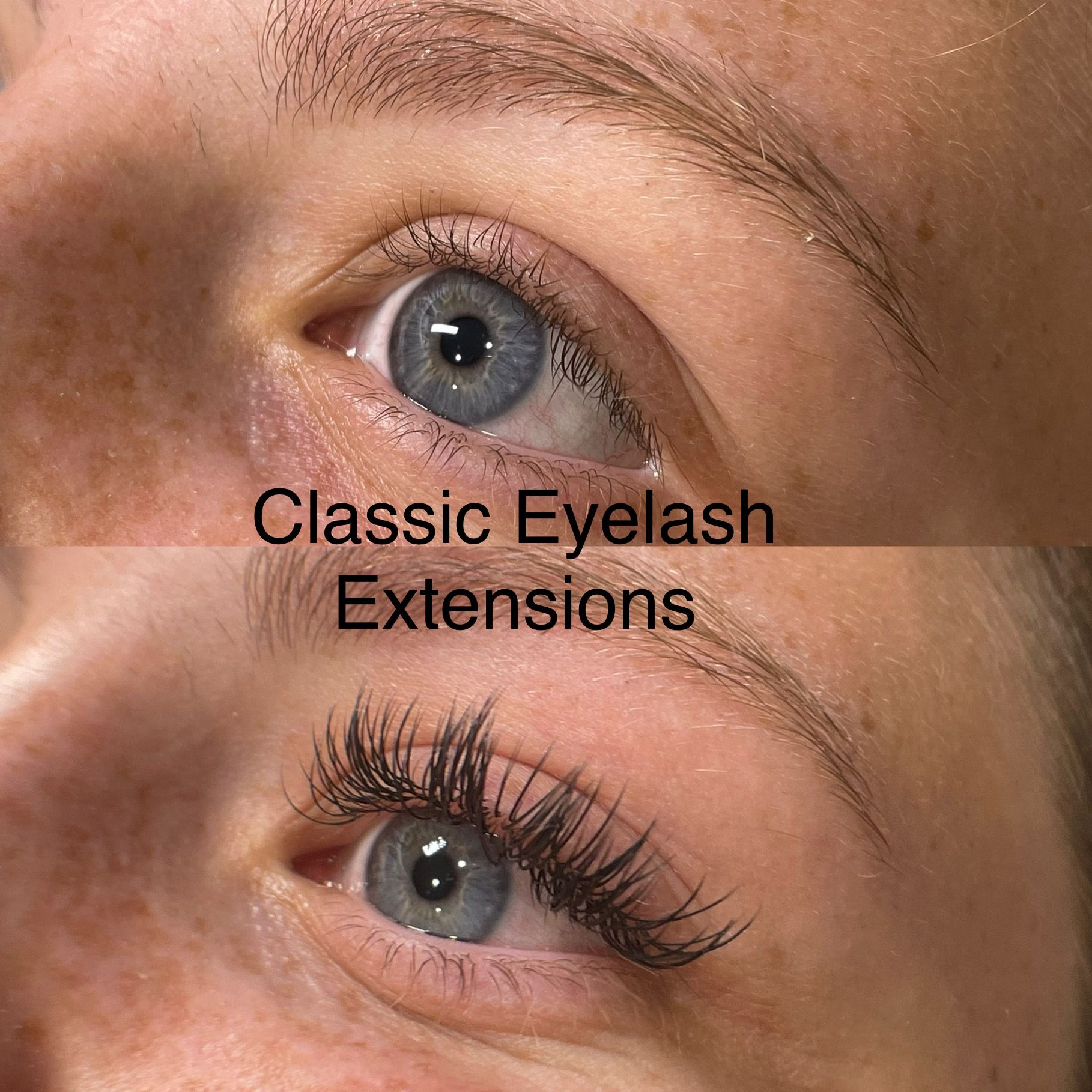 A before and after photo of a woman 's eye with classic eyelash extensions.