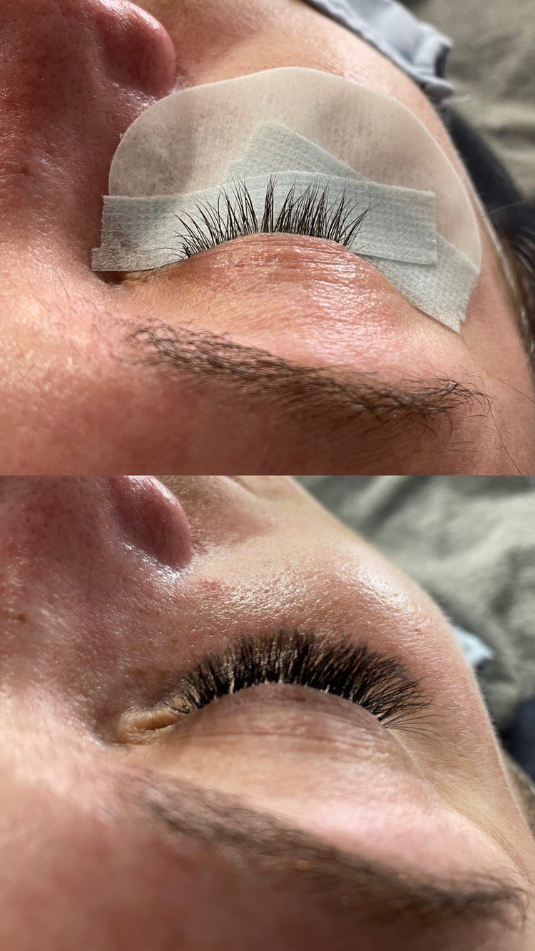 A before and after photo of a woman 's eyelashes.