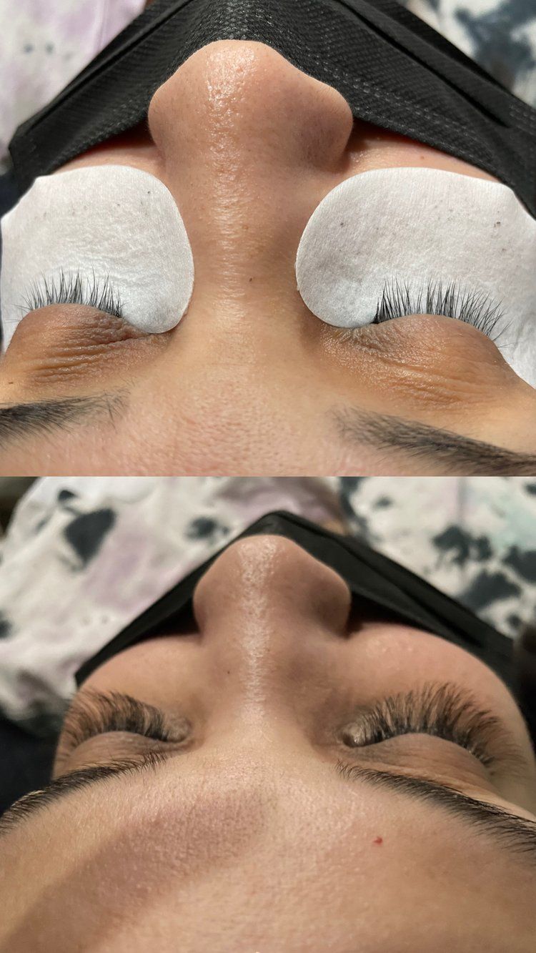 A before and after picture of a woman getting eyelash extensions.