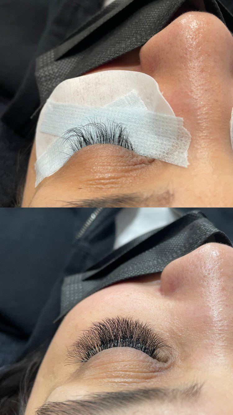 A before and after photo of a woman 's eyelashes.