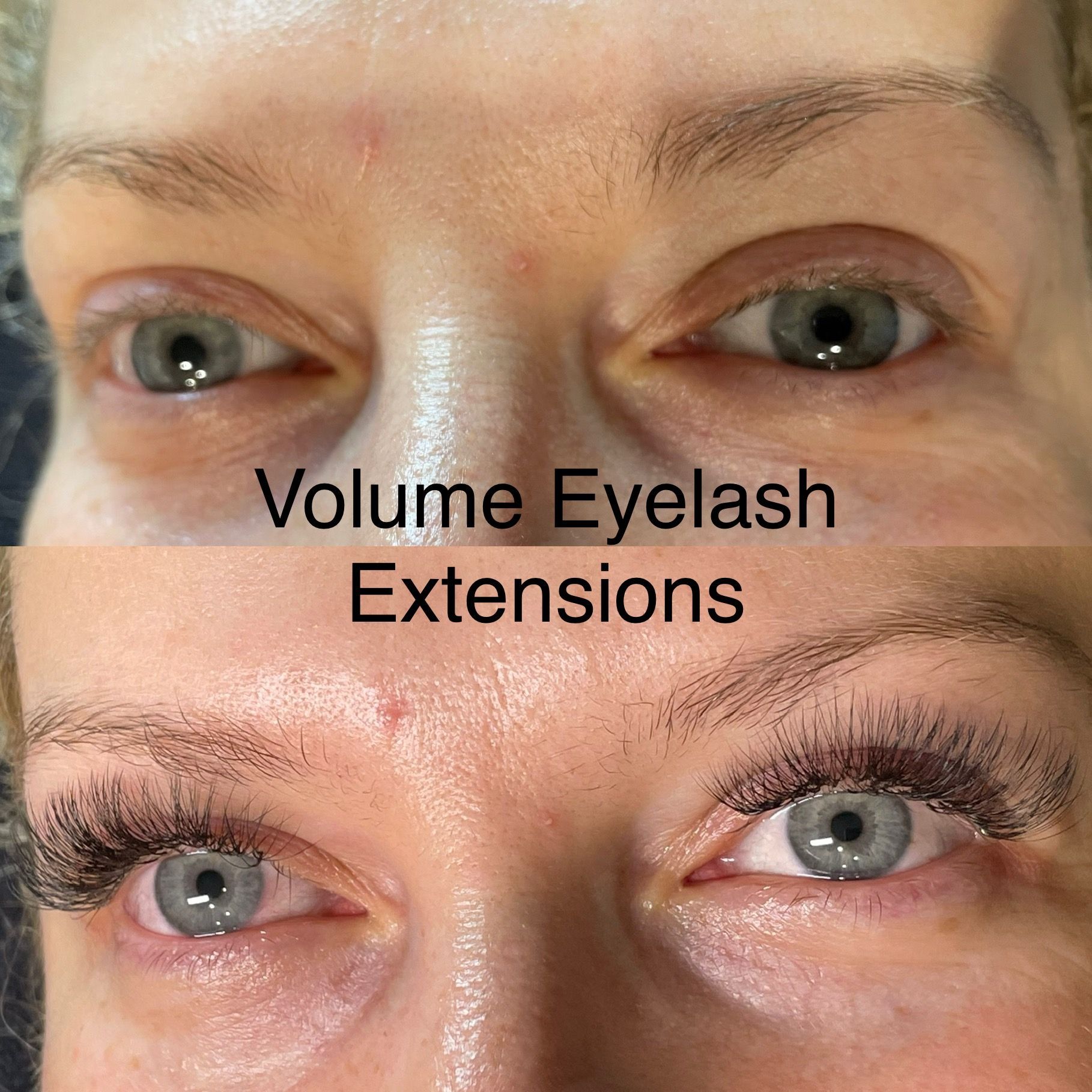A before and after photo of a woman with volume eyelash extensions