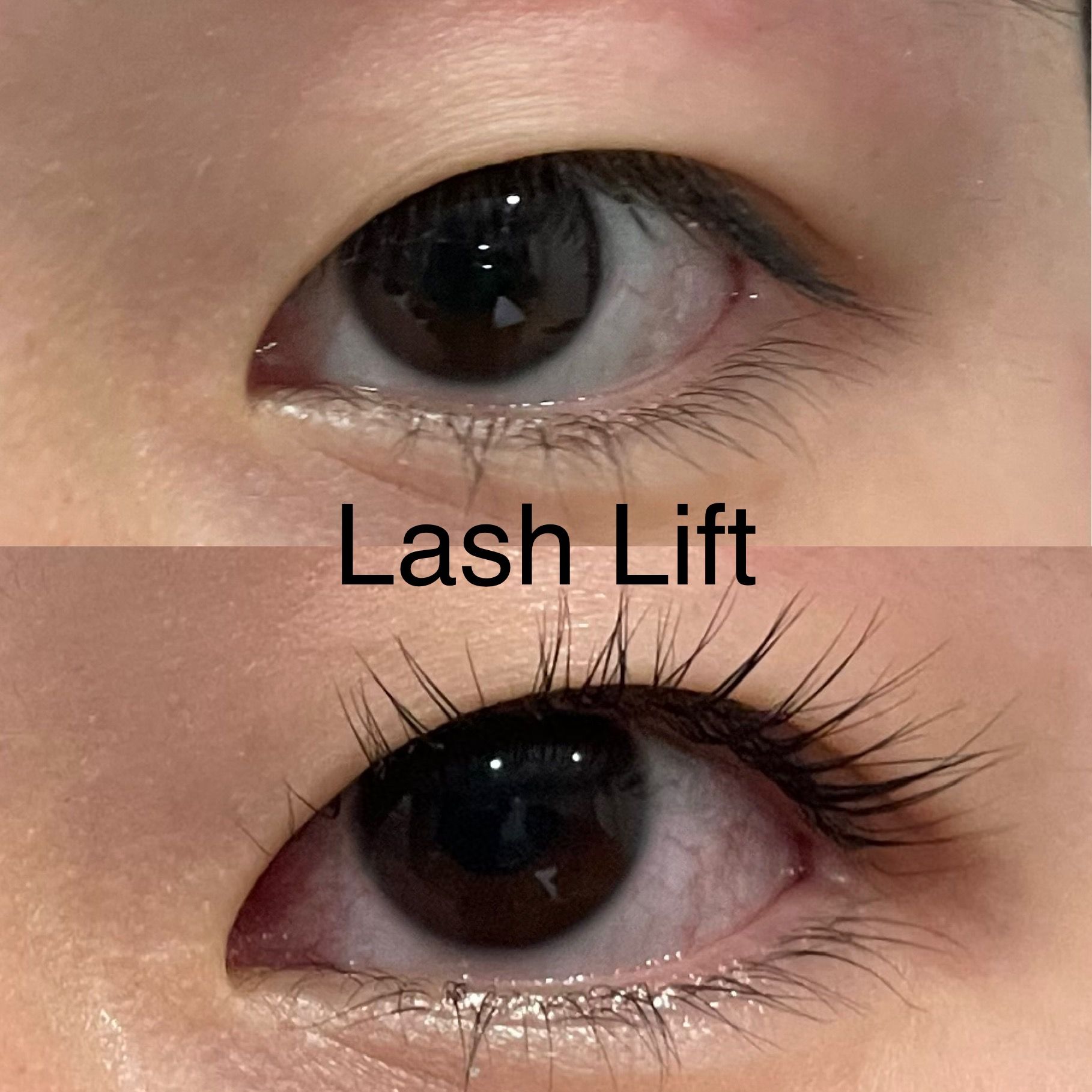 A before and after photo of a woman 's eye with lash lift.