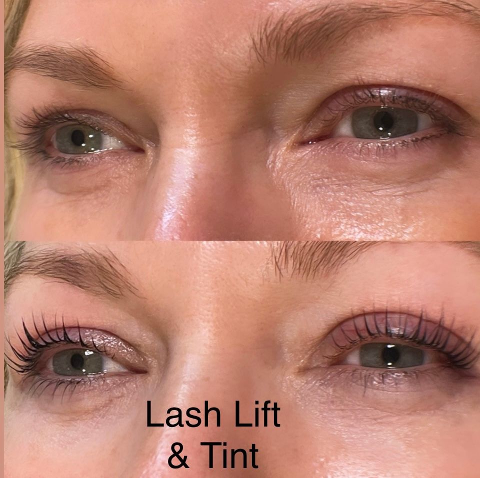 A before and after photo of a woman 's eyes with lash lift and tint.